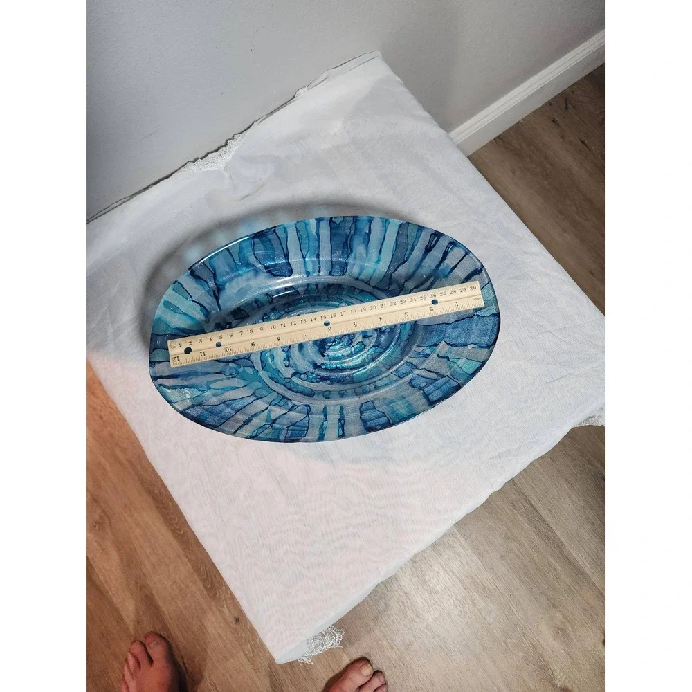 Blue Swirl Art Glass Centerpiece Bowl Oval Decorative Fused Glass Dish 12 Inch
